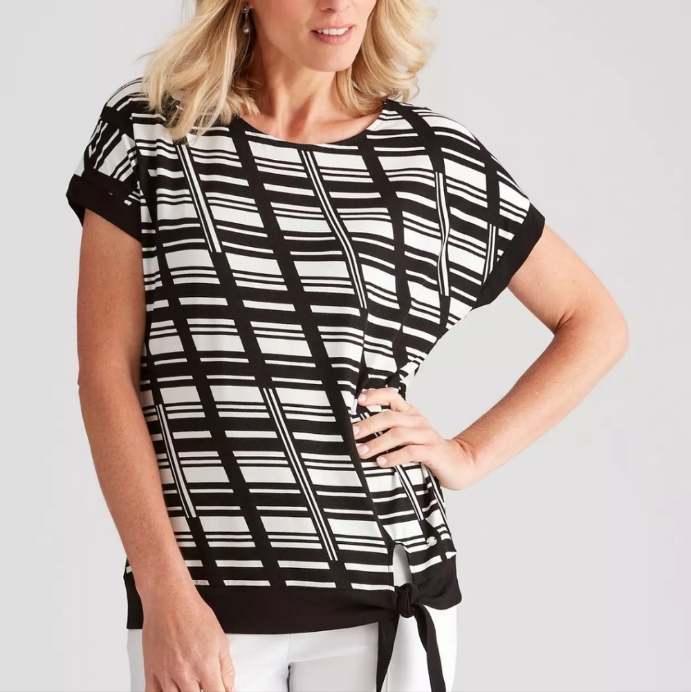 Black and White Tie Hem Geo Print Knitwear Top M